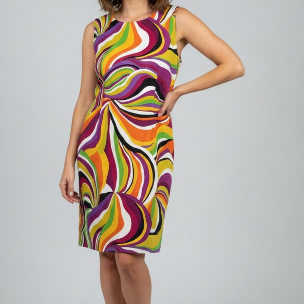 VTG J.W. Treci Psychedelic Mod Swirl Print Summer  Sheath Mini Dress sz 14